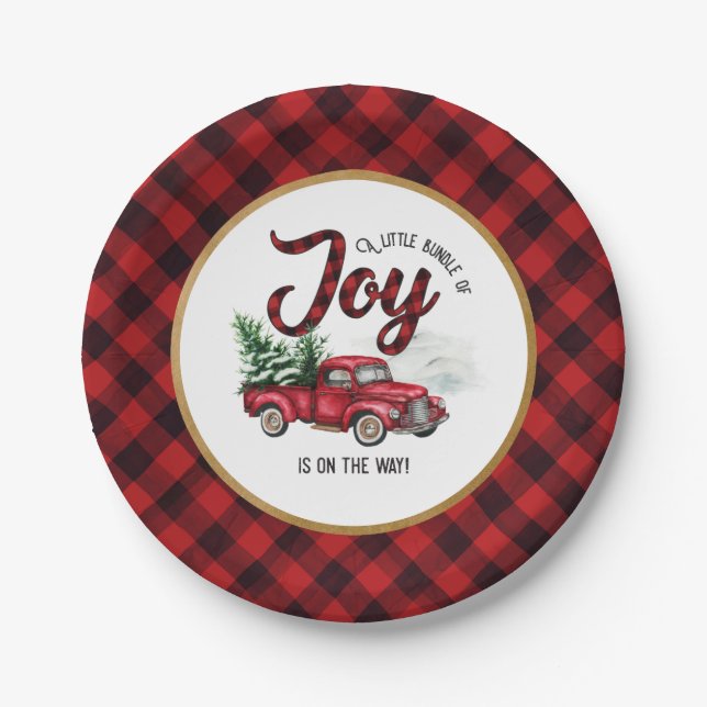 Red Christmas Truck Bundle of Joy Baby Shower Paper Plate (Front)