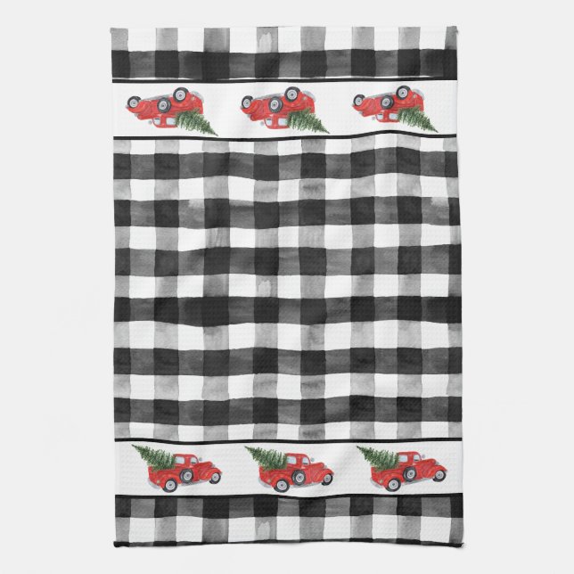 Red Christmas Truck Christmas Tree Black Check Tea Towel (Vertical)