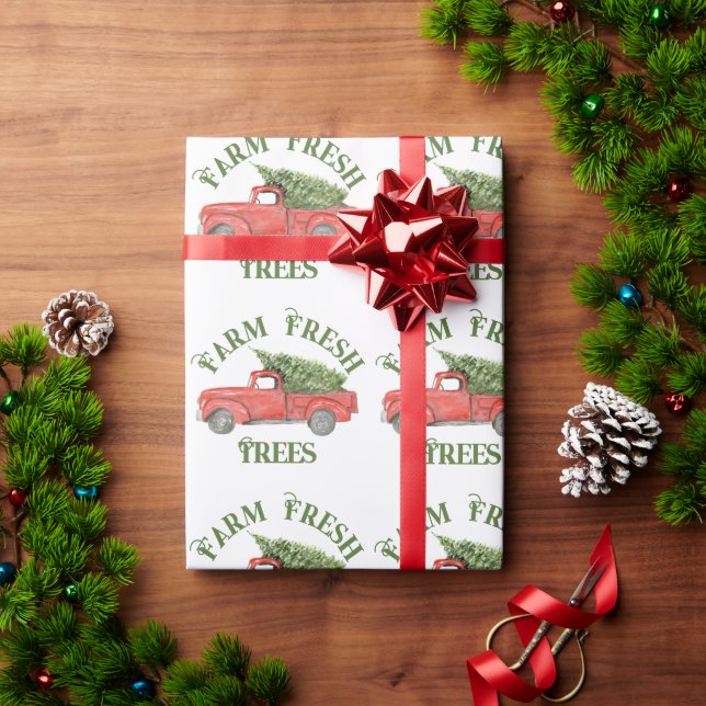 Red Christmas Truck Farm Fresh Trees Wrapping Paper (Holiday Gift)