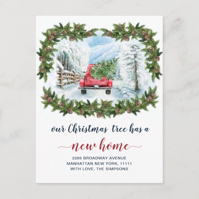 Red Christmas Truck Holiday Moving Announcement Postcard (Front)