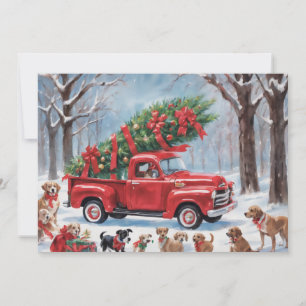Red Christmas Truck in the snowy wood with dogs Holiday Card