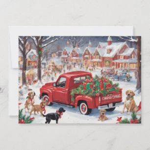 Red Christmas Truck in village with puppies Holiday Card