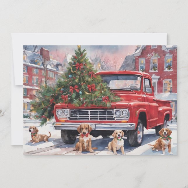 Red Christmas Truck in village with puppies Holiday Card (Front)