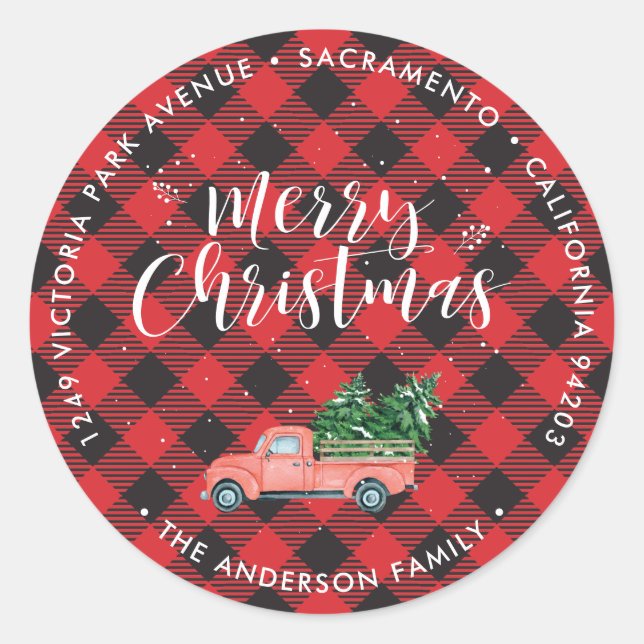 Red Christmas Truck Plaid Return Address Labels (Front)