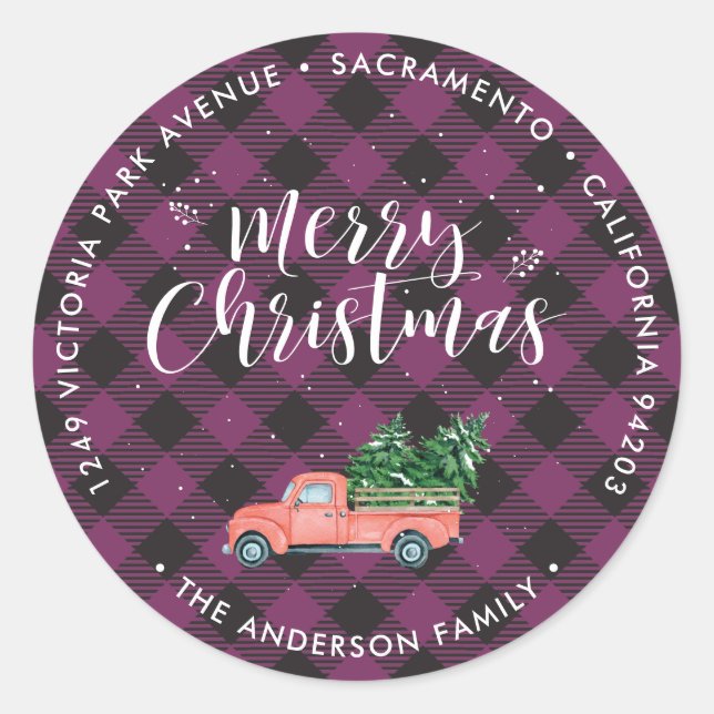Red Christmas Truck Purple Return Address Labels (Front)