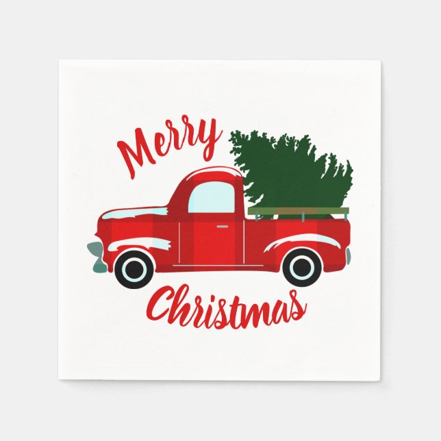 Red Christmas Truck Rustic Christmas Holiday Party Napkin (Front)