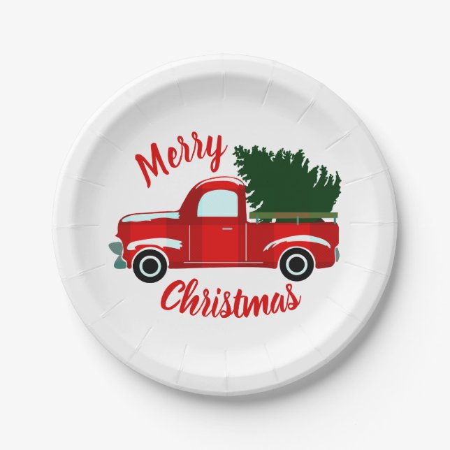 Red Christmas Truck Rustic Christmas Holiday Party Paper Plate (Front)