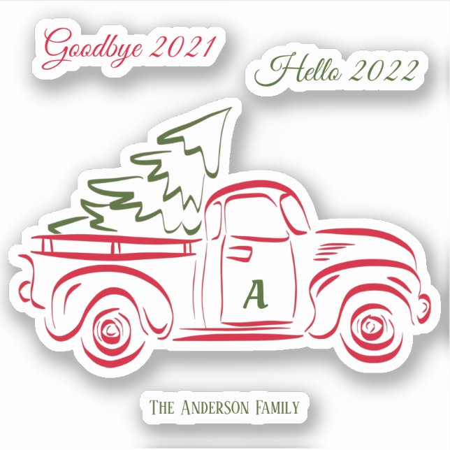 Red Christmas truck tree Family Monogram Sticker (Front)