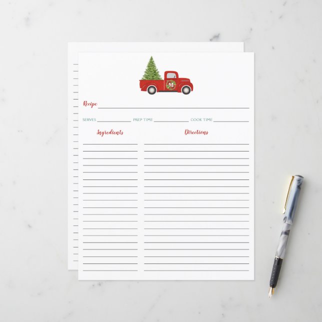 Red Christmas Truck & Tree Recipe Binder Insert (Front/Back In Situ)