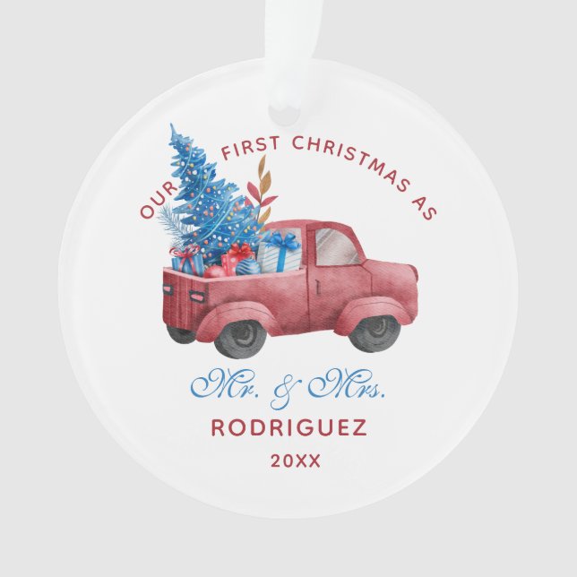 Red Christmas Truck Watercolor Newlyweds Photo Ornament (Front)