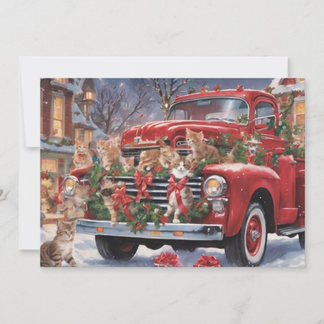 Red Christmas Truck with Kitty Cats Holiday Card (Front)