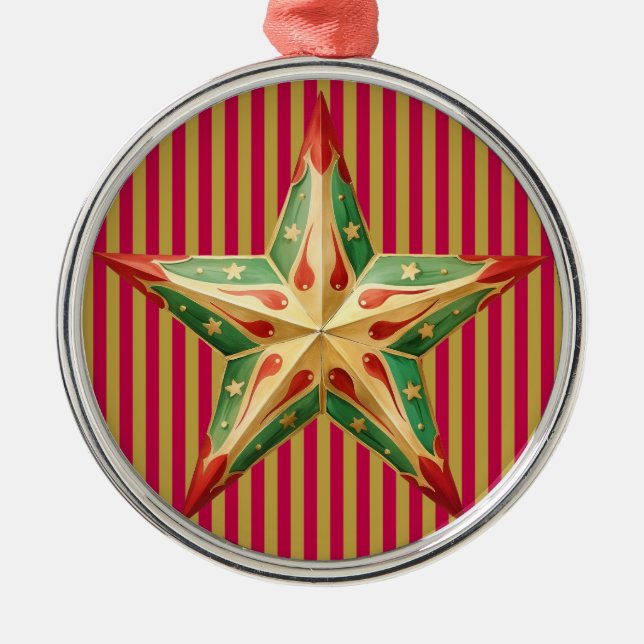 RED CHRISTMAS TUFTED PATTERN WITH GREEN RED STAR METAL TREE DECORATION (Front)