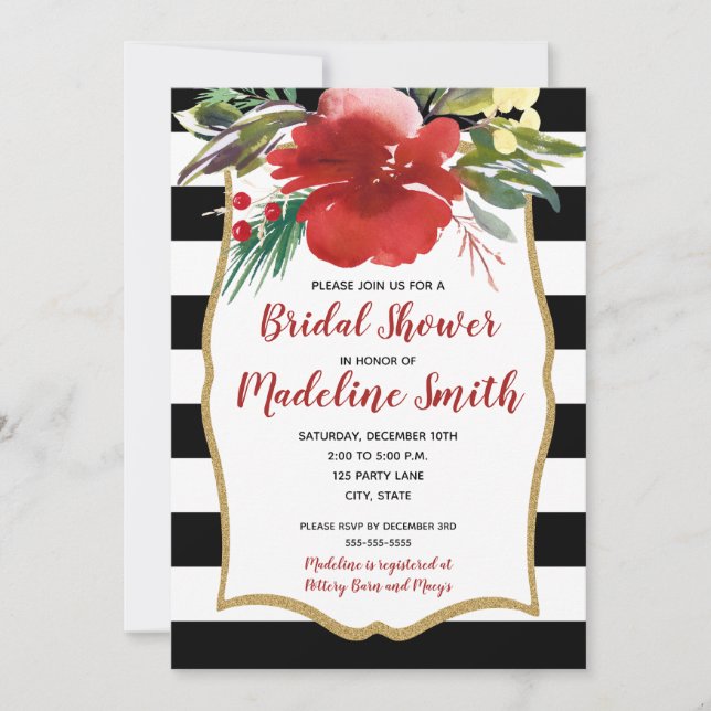 Red Christmas Watercolor Flowers Bridal Shower Invitation (Front)