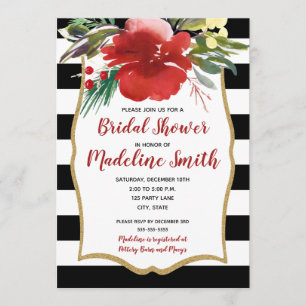 Red Christmas Watercolor Flowers Bridal Shower Invitation