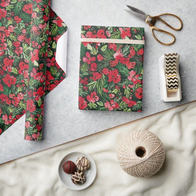 Red Christmas watercolor pattern Green Wrapping Paper (Crafts)