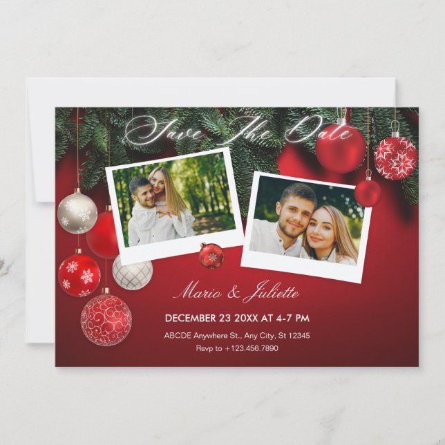 Red Christmas wedding Photo Collage  Save The Date (Front)