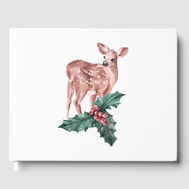Red Christmas Wedding Winter Reindeer, Floral Deer Guest Book (Front)
