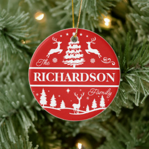 Red Christmas White Family Name Custom Monogram Ceramic Tree Decoration