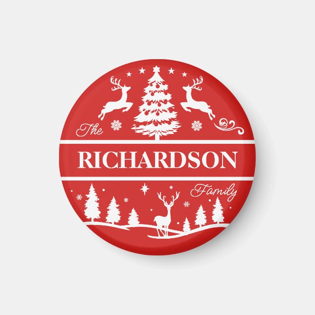 Red Christmas White Family Name Personalised Name Magnet (Front)