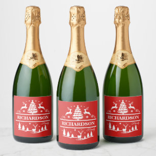 Red Christmas White Family Name Personalised Name  Sparkling Wine Label
