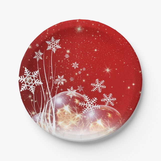 Red christmas white snow paper plate (Front)