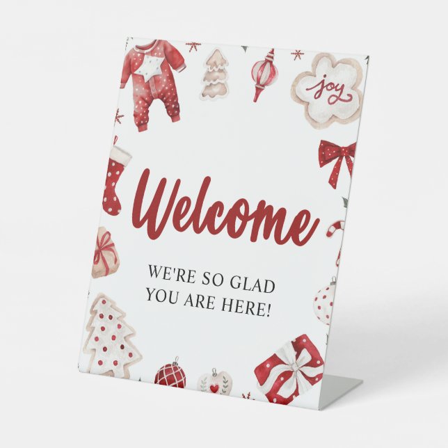 Red Christmas Winter Baby Shower Welcome Sign  (Front)