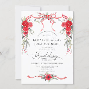 Red Christmas Winter Bow Coquette Ribbon  Wedding Invitation