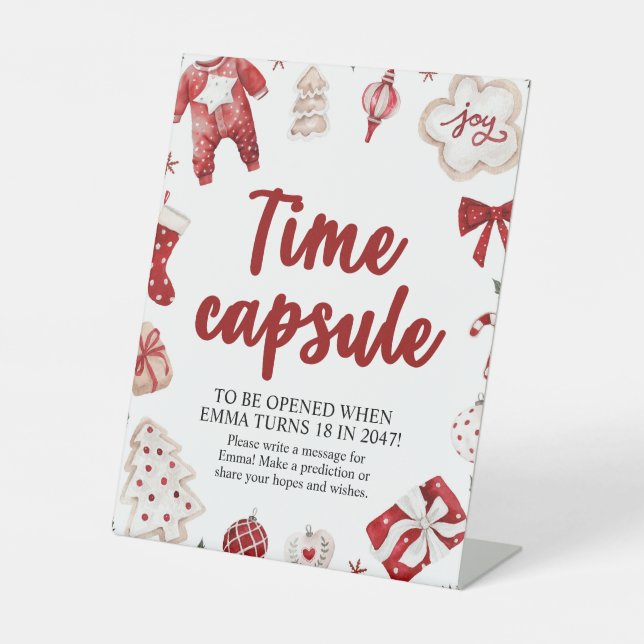 Red Christmas Winter Time Capsule Baby Shower Sign (Front)
