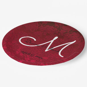 Red Christmas Winter Wedding Reception Monogram Paper Plate