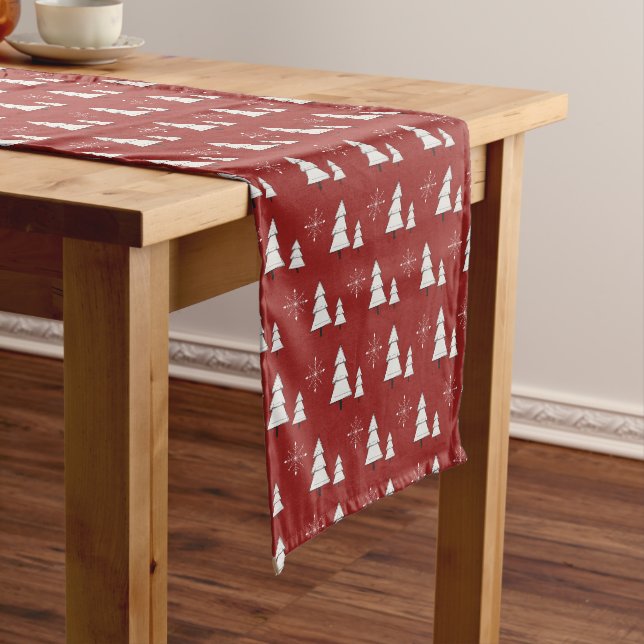 Red Christmas with pines and snowflakes Short Table Runner (In Situ)