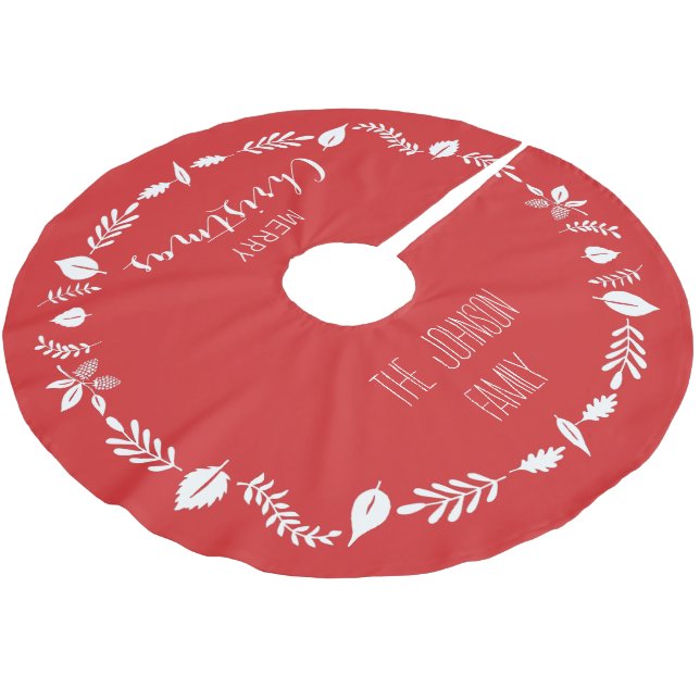 Red Christmas With White Leaves Decor Brushed Polyester Tree Skirt (Angled)
