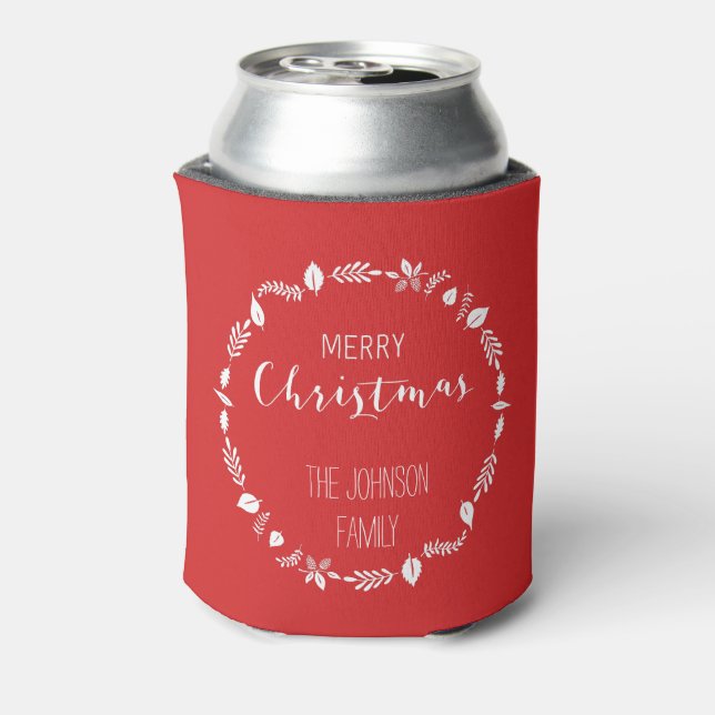 Red Christmas With White Leaves Decor Can Cooler (Can Back)