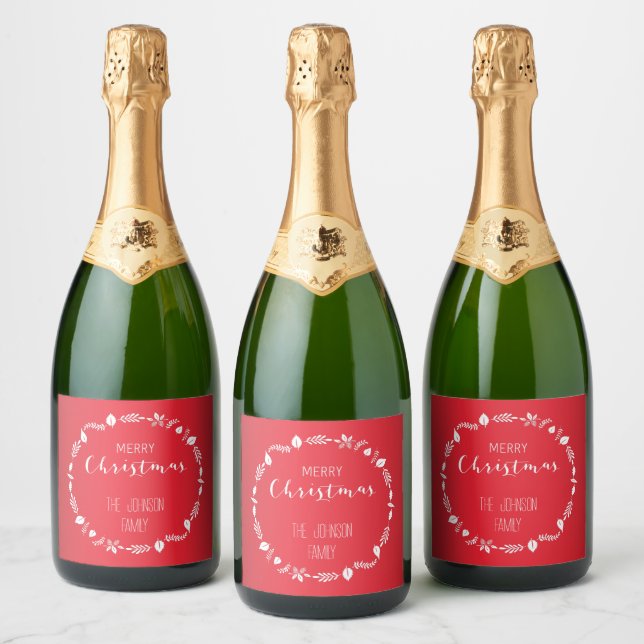 Red Christmas With White Leaves Decor Sparkling Wine Label (Bottles)