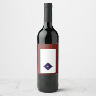 Red Christmas Wool Texture Plaid with Monogram Wine Label