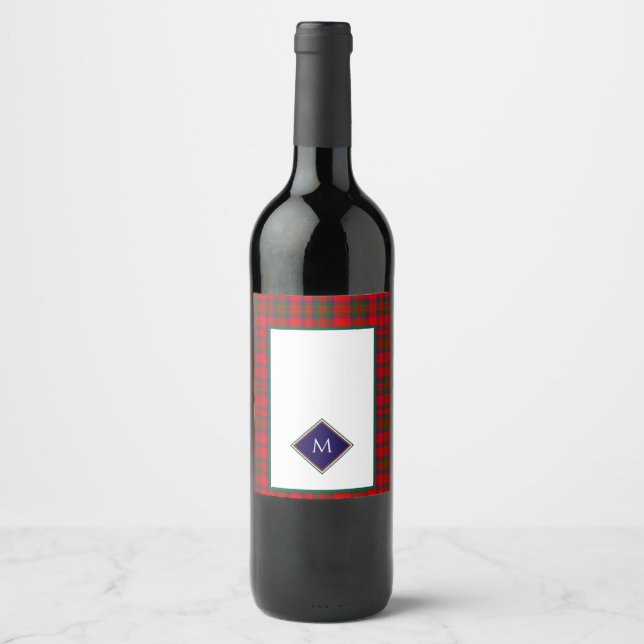 Red Christmas Wool Texture Plaid with Monogram Wine Label (Front)