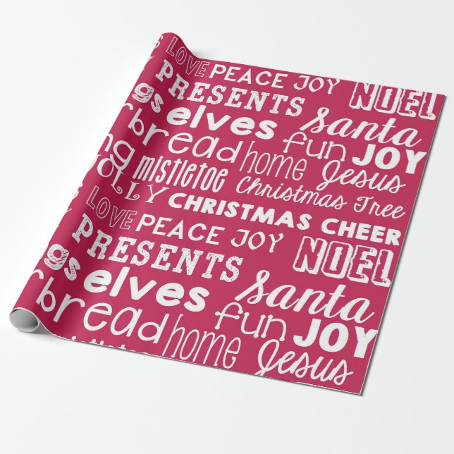 Red Christmas Words Holiday Wrapping Paper (Unrolled)
