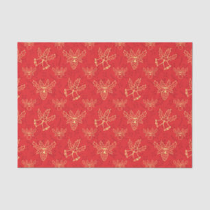 Red Christmas Wrap Bells and Holly Berries Pattern Tissue Paper