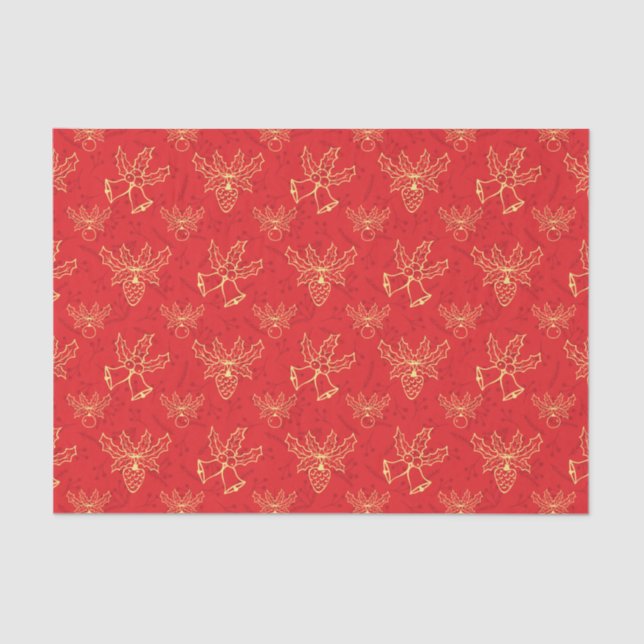 Red Christmas Wrap Bells and Holly Berries Pattern Tissue Paper (Front)