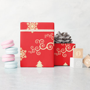 Red Christmas Wrap with Cream Snowflakes Wrapping Paper