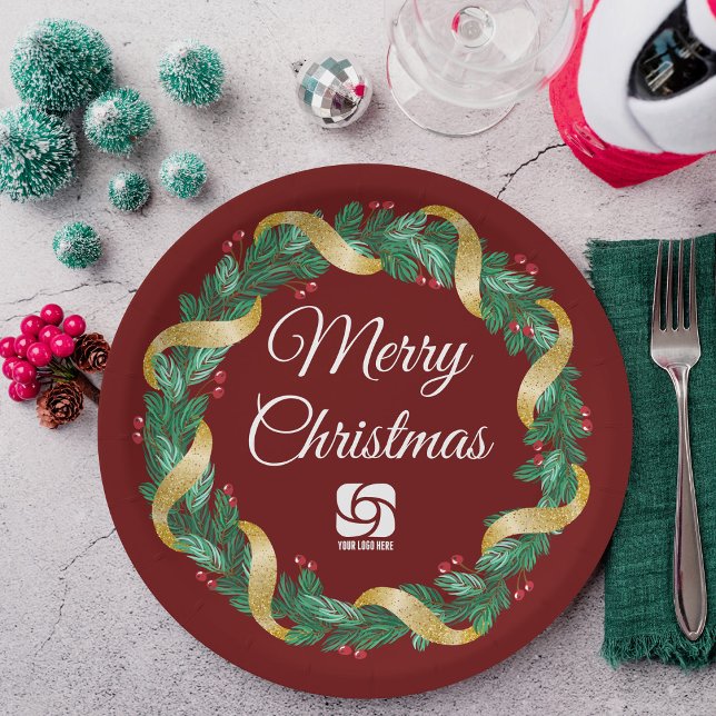 Red Christmas Wreath Custom Company Marketing Paper Plate (Creator Uploaded)