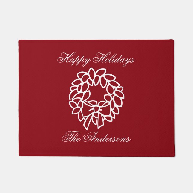 Red Christmas wreath doormat with family name (Front)