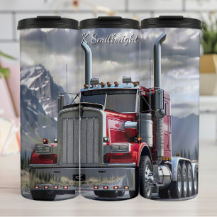 Red Chrome Semi Truck Mountain Road Thermal Tumbler