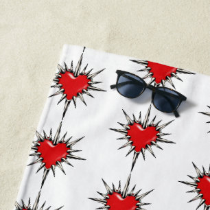 Red Chrome Spiked Heart Sigil Beach Towel