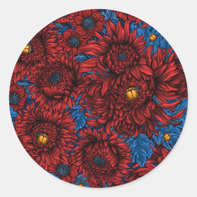 Red chrysanthemum flowers and orange beetles classic round sticker (Front)