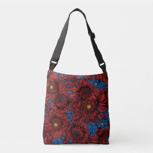 Red chrysanthemum flowers and orange beetles crossbody bag