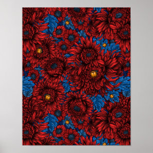 Red chrysanthemum flowers and orange beetles poster