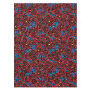 Red chrysanthemum flowers and orange beetles tablecloth