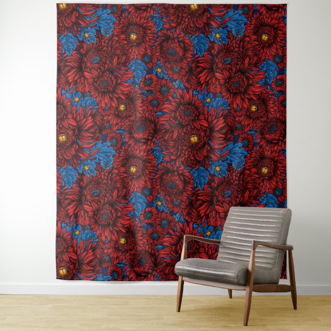 Red chrysanthemum flowers and orange beetles tapestry (In Situ)