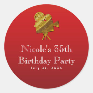 Red Cinema & Gold Stars Hollywood Party Favour Classic Round Sticker