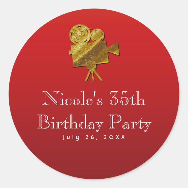 Red Cinema & Gold Stars Hollywood Party Favour Classic Round Sticker (Front)